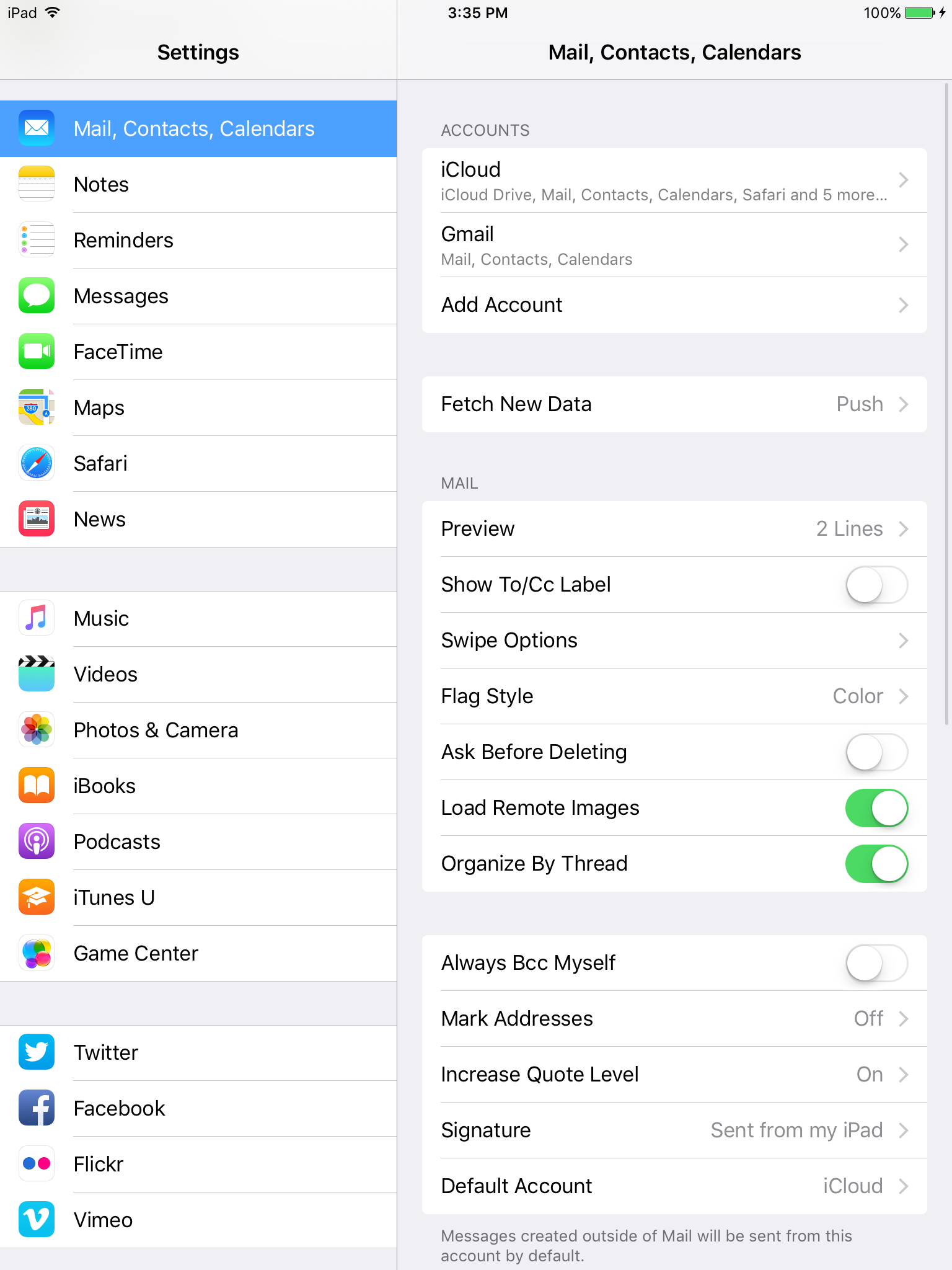 iOS Mail, Contacts, Calendars settings menu
