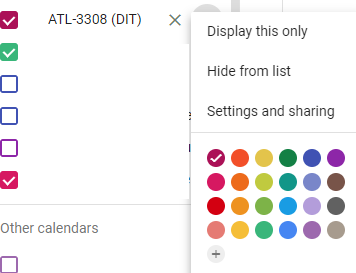Drop down menu from calendar. Includes: Display this only, Hide from list and Settings and Sharing