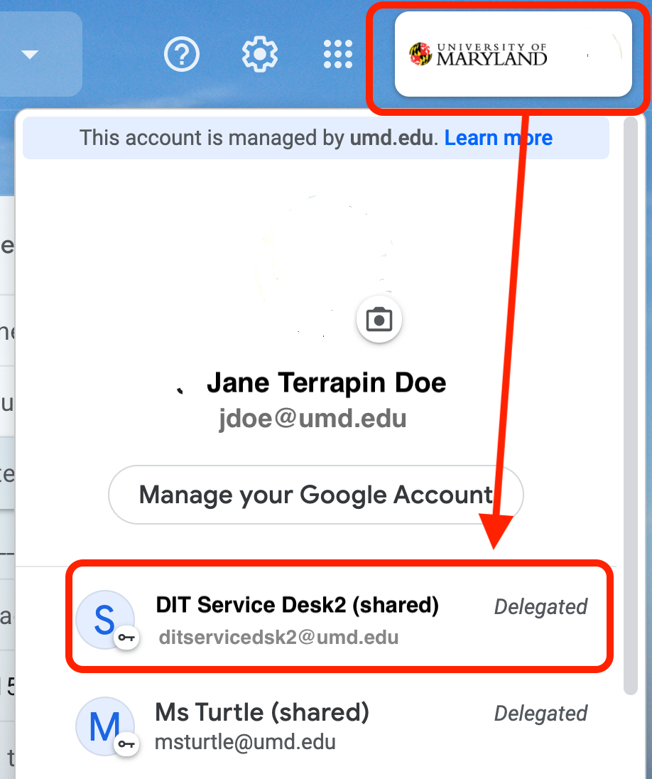 Screen shot of clicking your picture at the top right then double click the shared account