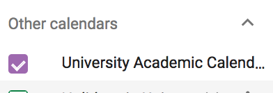 Other Calendars list in Google Calendar