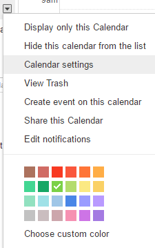 Drop Down menu from migrated calendar with Calendar Settings highlighted.
