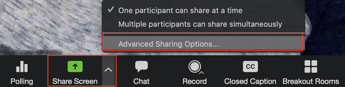 Screen Share drop down menu: One participant can..., Multiple participants can...,and Advanced Sharing Options.