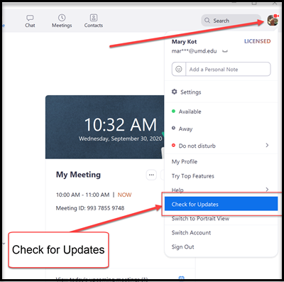 User settings panel with 'Check for Updates' option highlighted