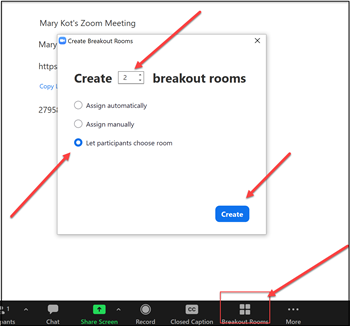 Create Breakout Room panel. 'Let particpicants choose room' option selected