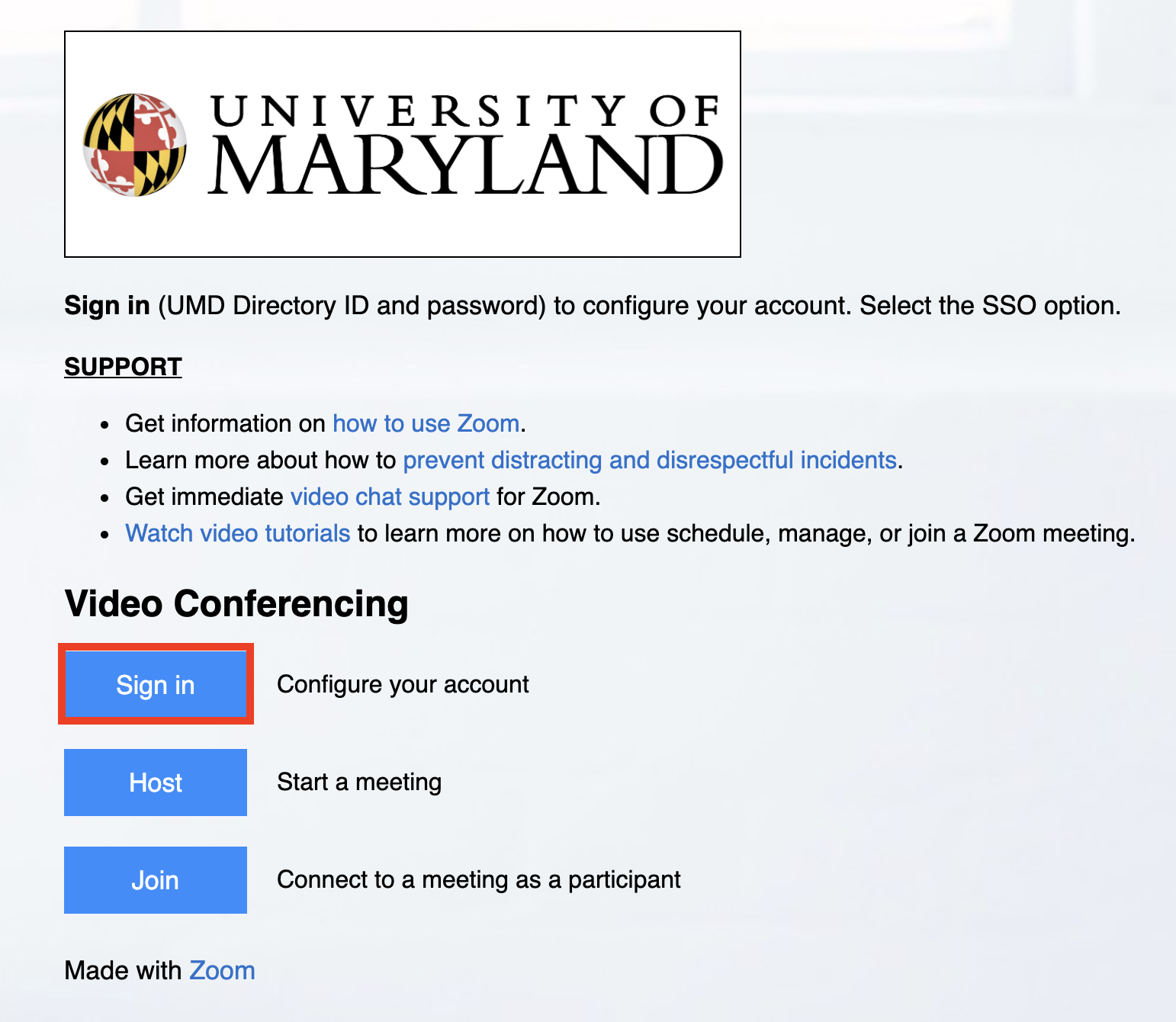 University of Maryland Zoom Video Conferencing page with the "Sign in" button highlighted.